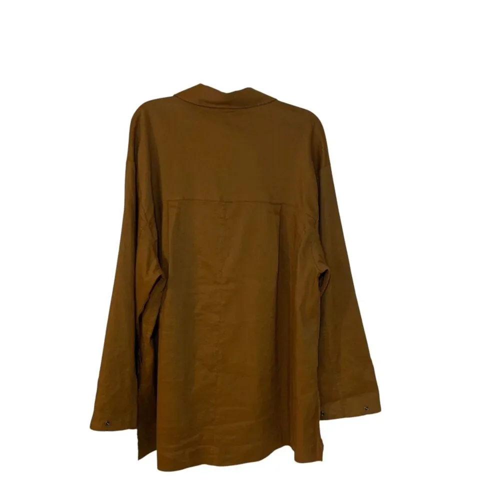 Aday Womens Brown Relax I’m Flax Linen Blend Snap Button Up Top L Lagenlook